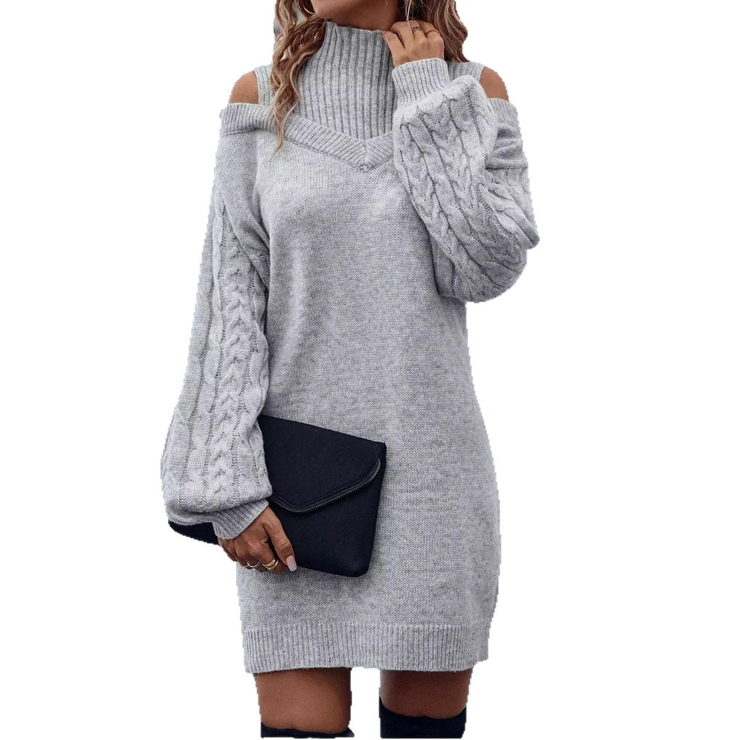 Damen Strickkleid mit geöffneten Schultern und strukturiertem Stehkragen R&B