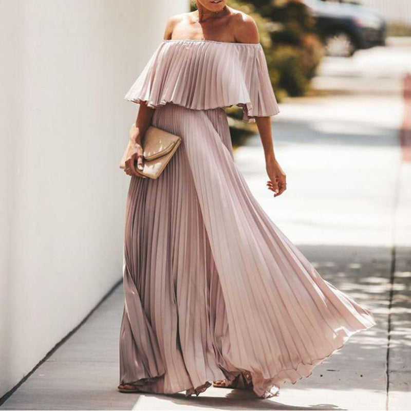 Damen Maxikleid mit asymmetrischem Plisseefall und schulterfreiem Design R&B