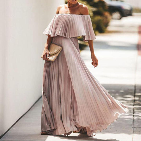Damen Maxikleid mit asymmetrischem Plisseefall und schulterfreiem Design R&B