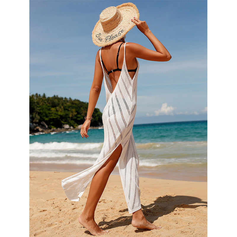 Damen transparentes Häkel-Strandkleid mit hohem Schlitz und stylischem Schnitt R&B