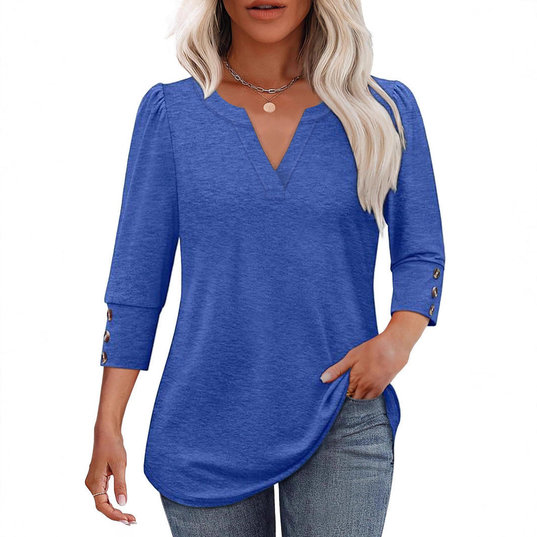Damen V-Ausschnitt Bluse mit dekorativen Knopfdetails R&B
