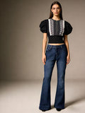 Damen elegante Cropped Bluse mit Puffärmeln und Stickmuster