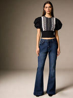 Damen elegante Cropped Bluse mit Puffärmeln und Stickmuster