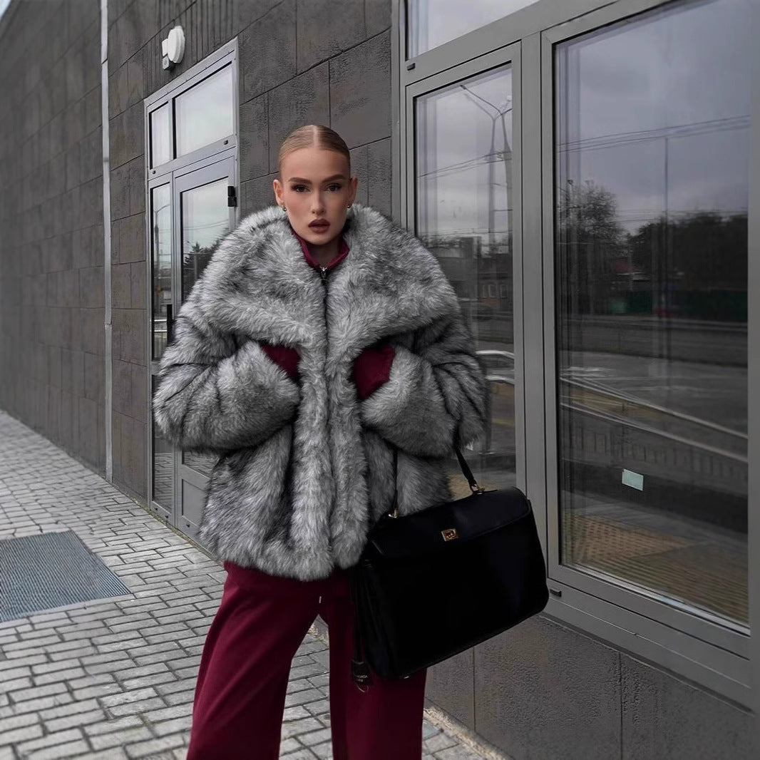 Damen elegante Kunstfelljacke mit voluminösem Kragen und verschließbaren Taschen R&B