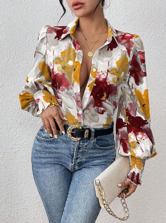 Damen Bluse mit floralen Mustern und puffärmel R&B