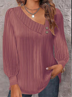 Damen Modisches Langarmshirt mit plissierter Textur und dekorativen Knöpfen R&B