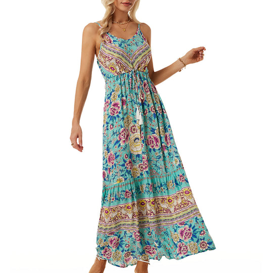 Damen Langes Sommerkleid mit buntem Blumenmuster und taillierbarem Bandeau R&B