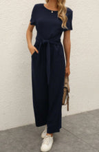 Damen Jumpsuit mit Bindegürtel und weitem Bein