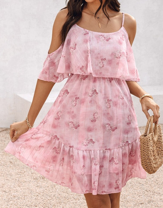 Damen fließendes Sommerkleid mit kaltem Schulterdesign und Rüschendetails R&B