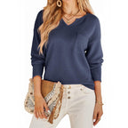 Damen Waffelstruktur Pullover mit tiefem V-Ausschnitt und praktischen Taschen R&B