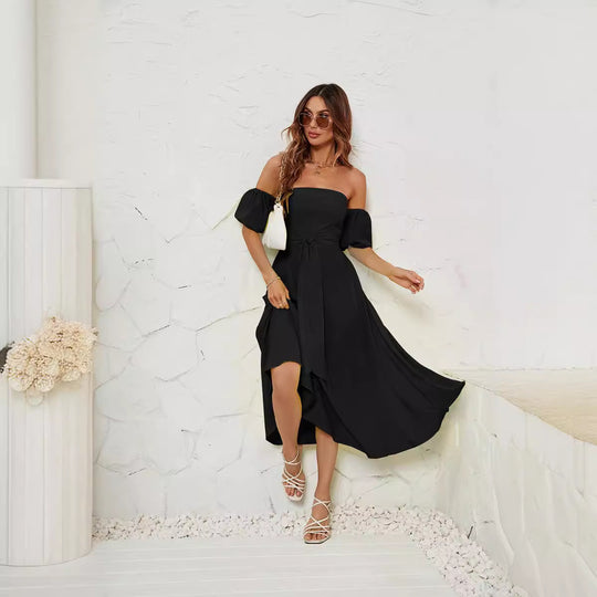 Damen Off-Shoulder Maxikleid mit geknotetem Taillengürtel R&B