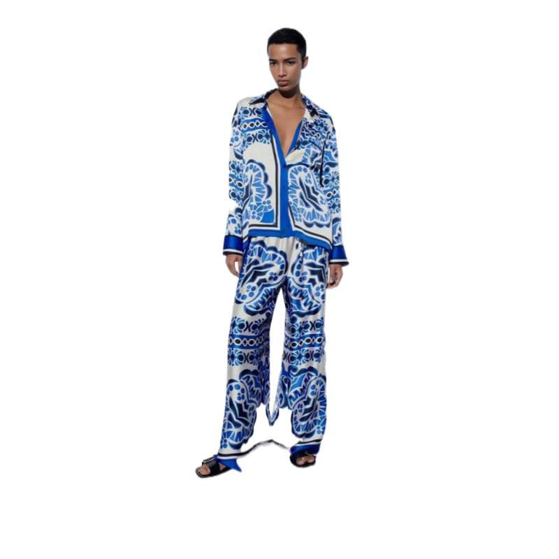 Damen Weitgeschnittenes, florales Langarmhemd und Hose Set R&B