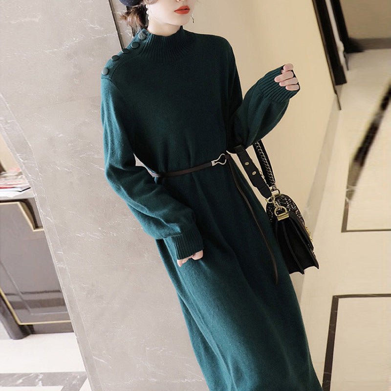 Damen Elegantes Strickmaxikleid mit hochgeschlossenem Kragen und dekorativen Knöpfen R&B