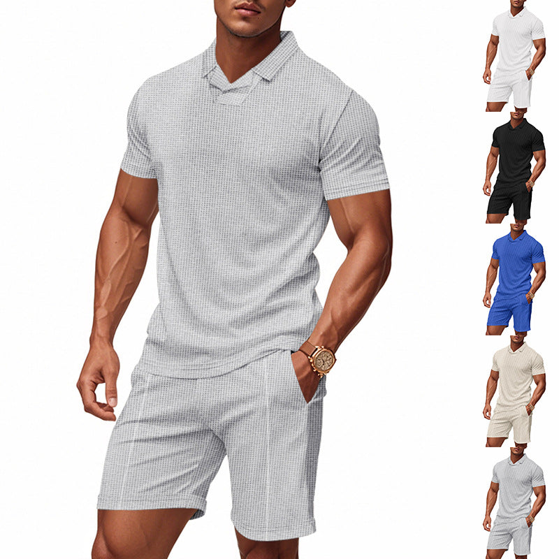 Herren nan lässiges Waffelstruktur-Freizeitset mit Reverskragen-Kurzarmshirt und elastischen Freizeitshorts R&B