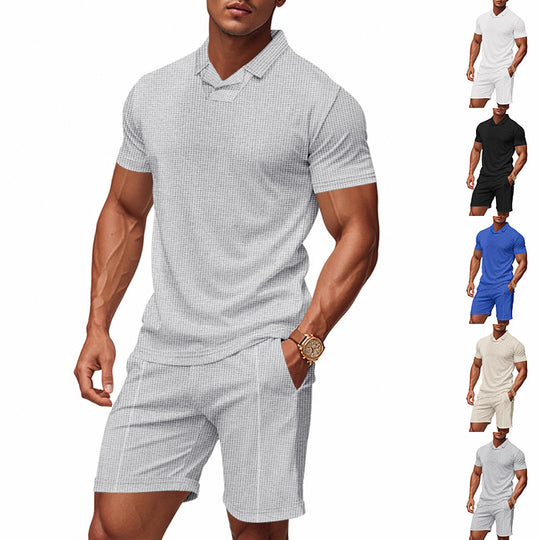 Herren nan lässiges Waffelstruktur-Freizeitset mit Reverskragen-Kurzarmshirt und elastischen Freizeitshorts R&B