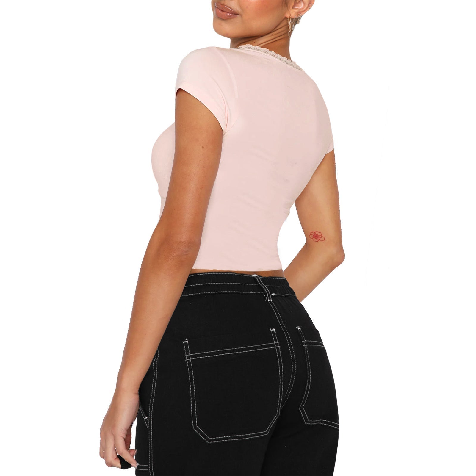 Damen modisches cropped T-Shirt mit quadratischem Ausschnitt und zarten Spitzenakzenten R&B