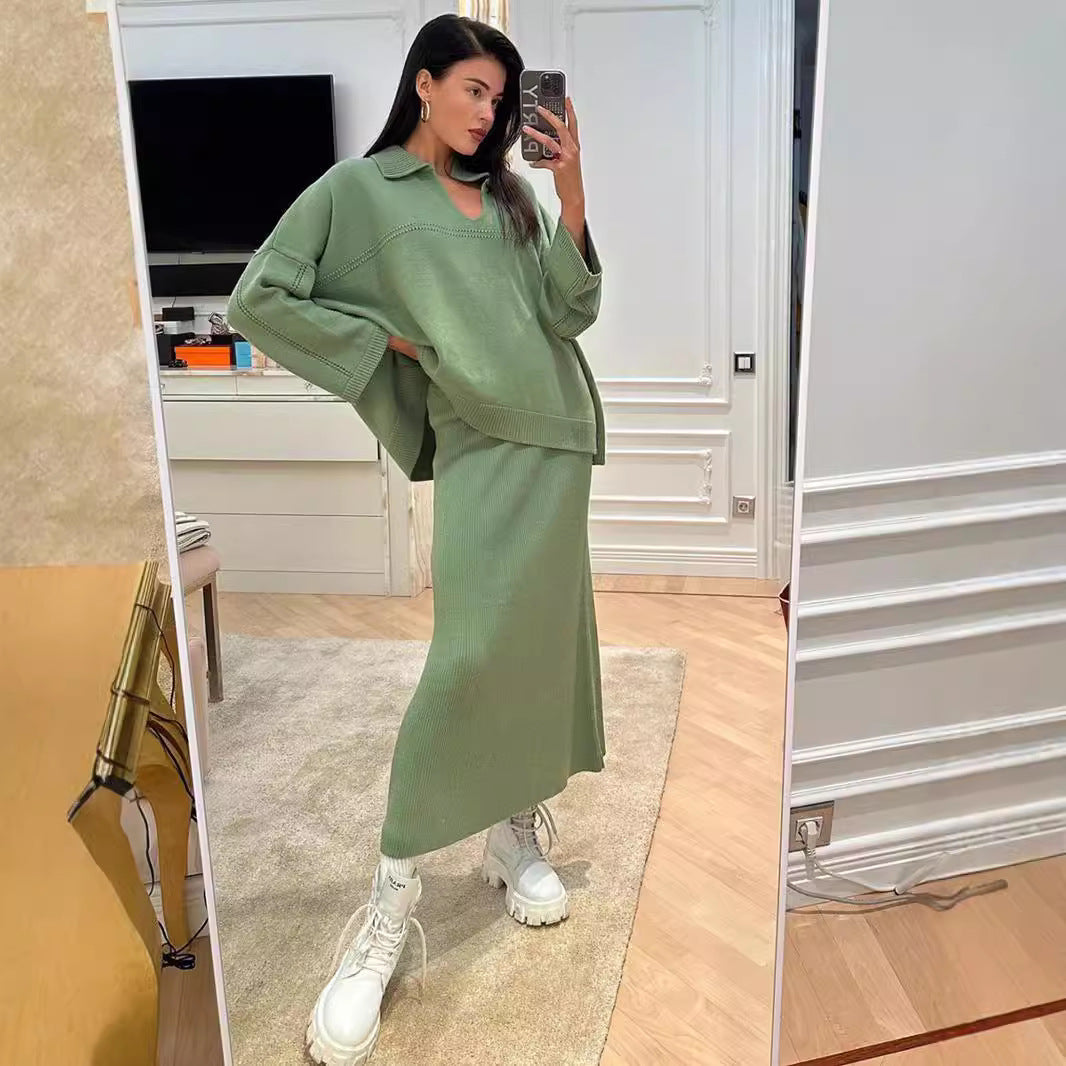 Damen Modisches Strick-Ensemble mit weitem Schnitt und tiefem V-Ausschnitt R&B