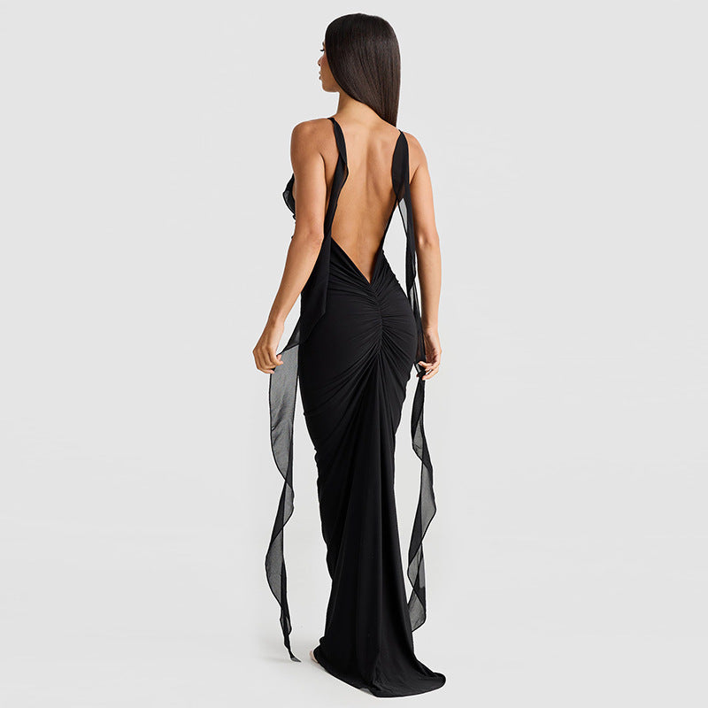 Damen Elegantes Kleid mit fließendem Rüschen-Detail und langen Bändern R&B