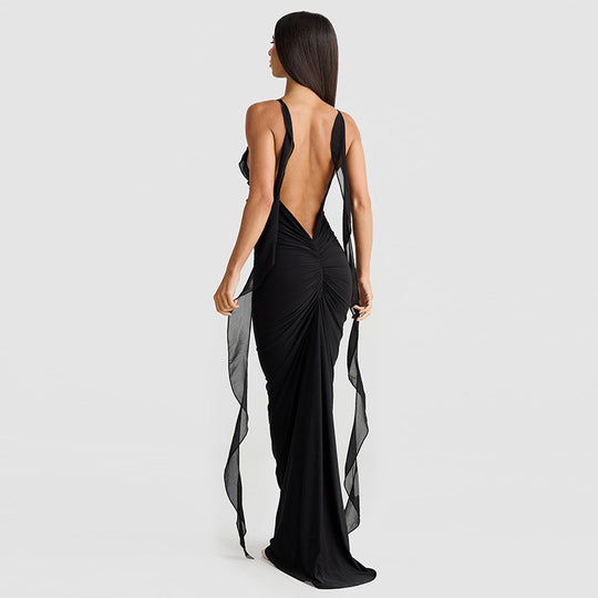 Damen Elegantes Kleid mit fließendem Rüschen-Detail und langen Bändern R&B