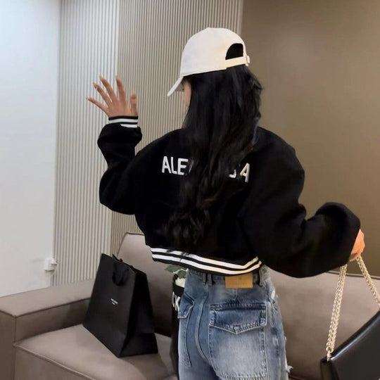Damen lässige cropped Bomberjacke mit kontrastierenden Streifen und Druckknöpfen R&B