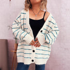 Damen grob strukturiertes Strickjäckchen mit buntem Streifenmuster R&B