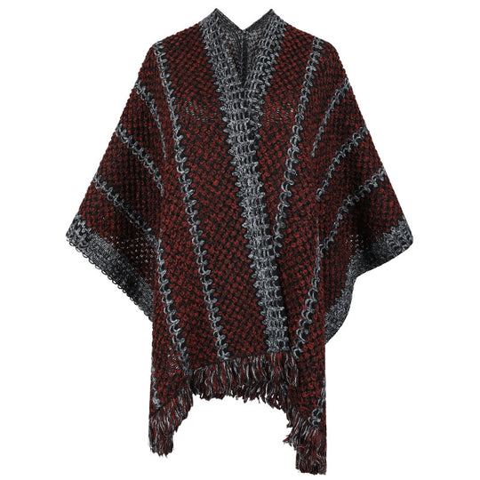 Damen Strickponcho mit V-Ausschnitt und Fransen R&B