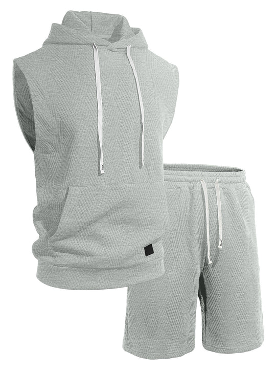 Herren nan ärmelloses Kapuzen-Lounge-Set aus strukturierter Baumwollmischung mit Kängurutasche und elastischer Freizeithose R&B