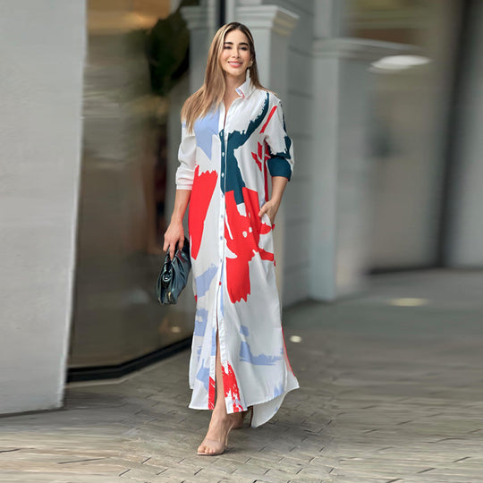 Damen Langarm Hemdkleid im modernen Grafikdesign mit Taschen R&B