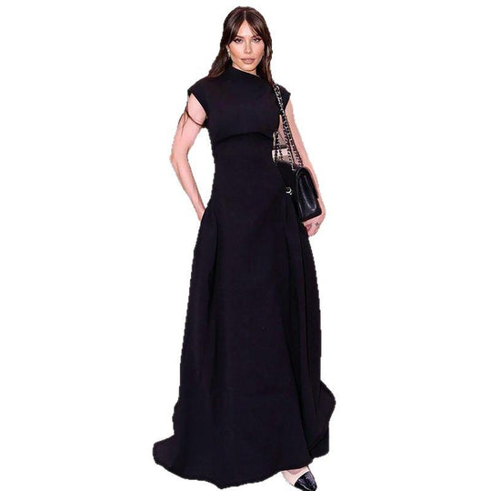 Damen Maxi-Abendkleid mit elegantem Stehkragen und schwingendem Rock R&B