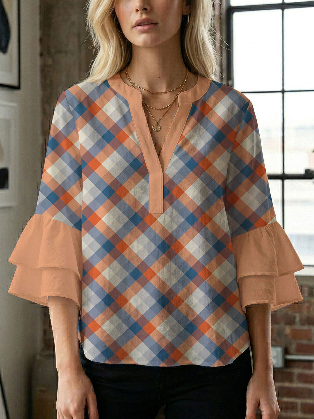 Damen Blusenshirt mit voluminösen Ärmeln und kreativem Druckdesign R&B