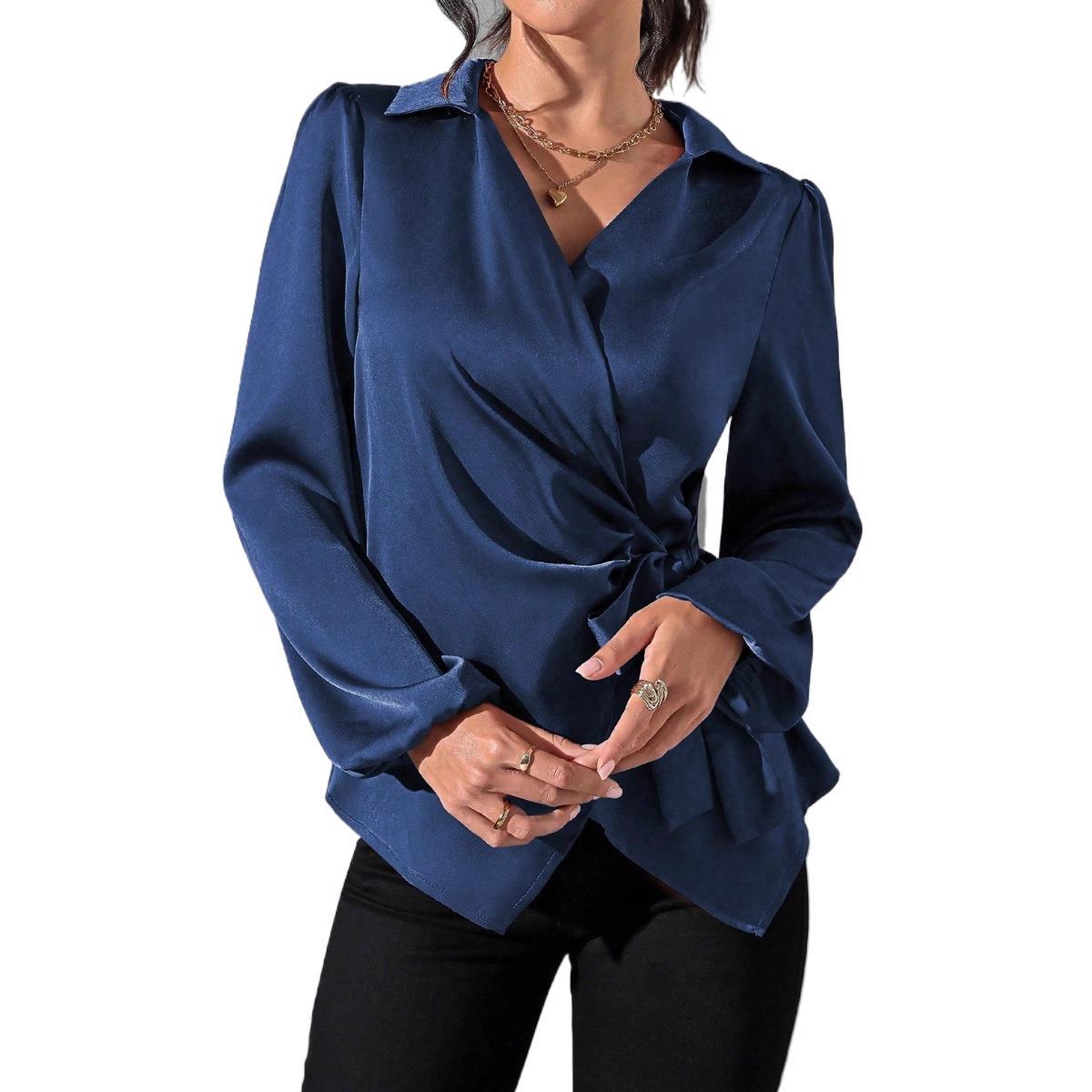 Damen Wickelbluse mit elegantem Taillengürtel und Puffärmeln R&B