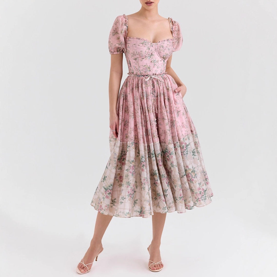 Damen Midi-Kleid mit verspielt floralen Details und Puffärmeln R&B