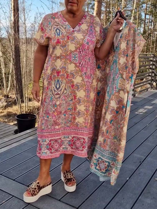 Damen Kaftan-Kleid mit koordiniertem Schal und seitlichen Taschen Heidi-Mode