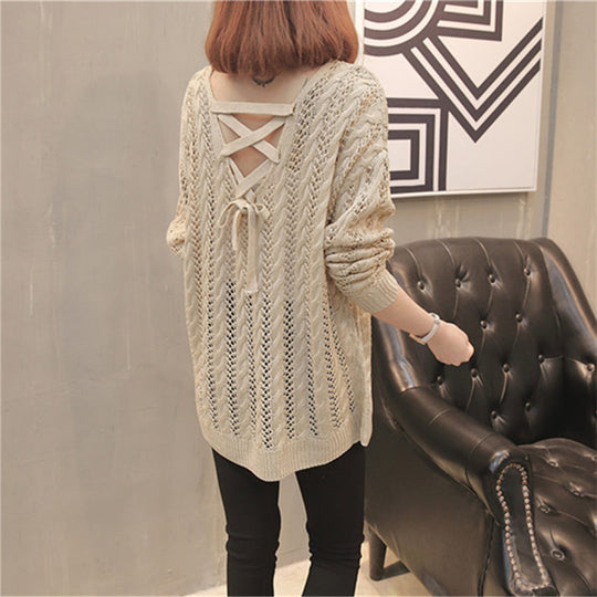 Damen Strickpullover mit Off-Shoulder-Design und Rückenschnürung R&B