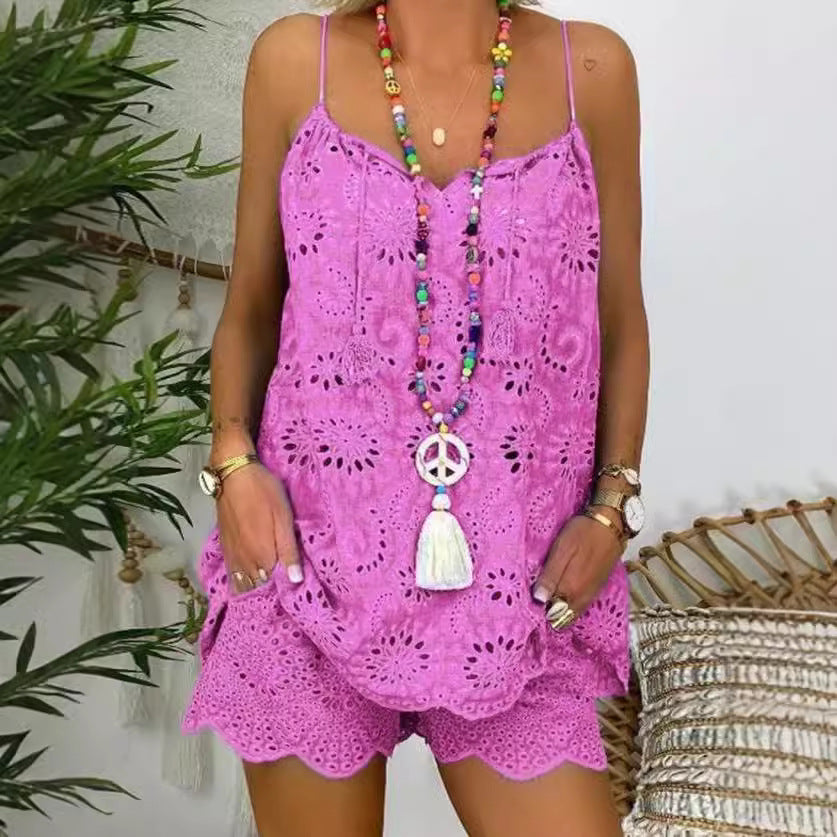 Damen luftiges Sommeroberteil mit Spitze und passenden Shorts R&B