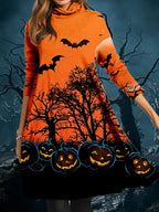 Damen Halloween-Kleid im lässigen Schnitt mit gruseligem Print und weichem Stoff Heidi-Mode
