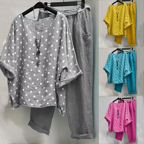 Damen nan Leinen-Loungewear-Set mit gepunkteter Oversize-Tunika und elastischer Bundhose R&B