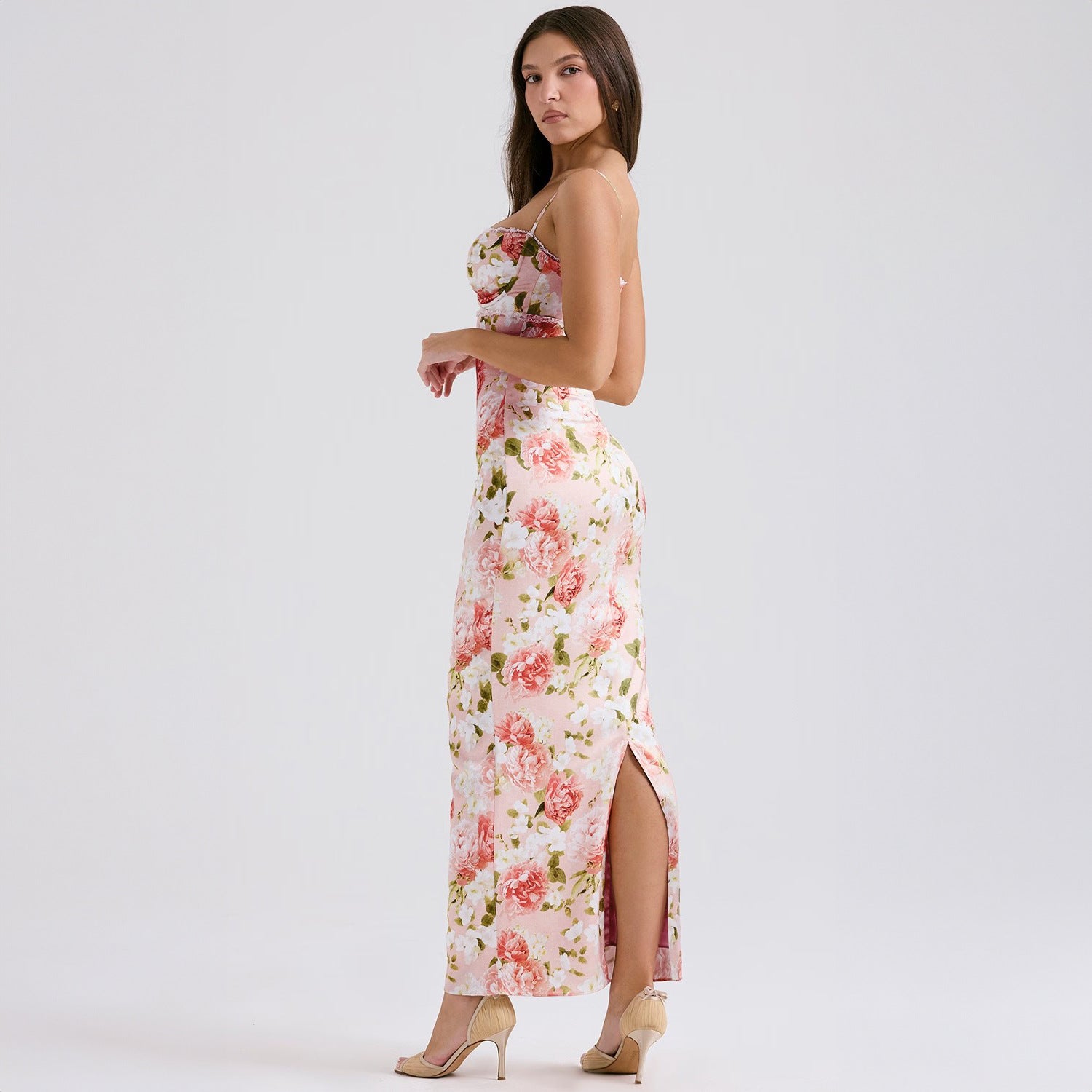 Damen Elegantes figurbetontes Maxikleid mit floralem Design R&B