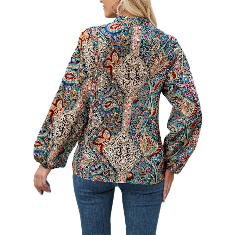 Damen elegante Bluse mit buntem Print und extravaganten Puffärmeln R&B