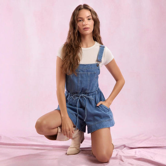 Damen Jeans-Latzkleid mit verstellbaren Trägern und praktischem Kordelzug R&B