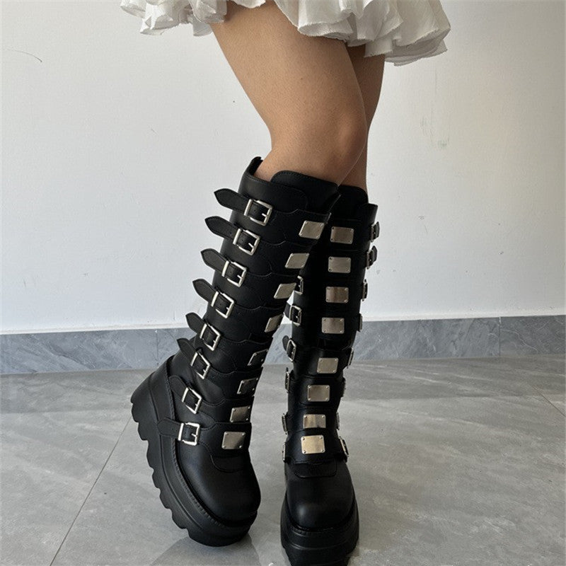Damen Plattform Stiefel mit modischem Schnallen-Design und stabiler Sohle R&B