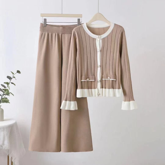Damen elegantes Strick-Loungewear-Set mit aufgesetzten Taschen und Rüschen R&B