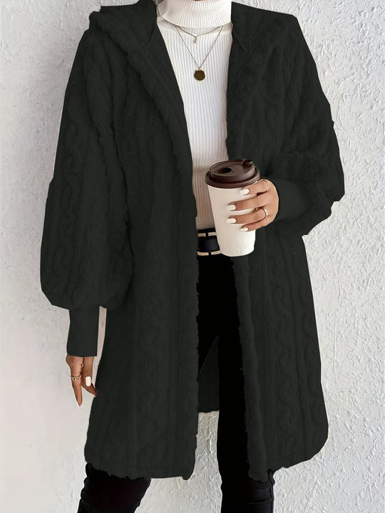 Damen Flauschige Oversized-Strickjacke mit Kapuze und Eingrifftaschen R&B