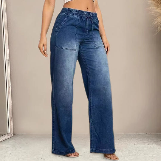 Damen Weit geschnittene Jeanshose mit elastischem Bund und modischem Used-Look R&B