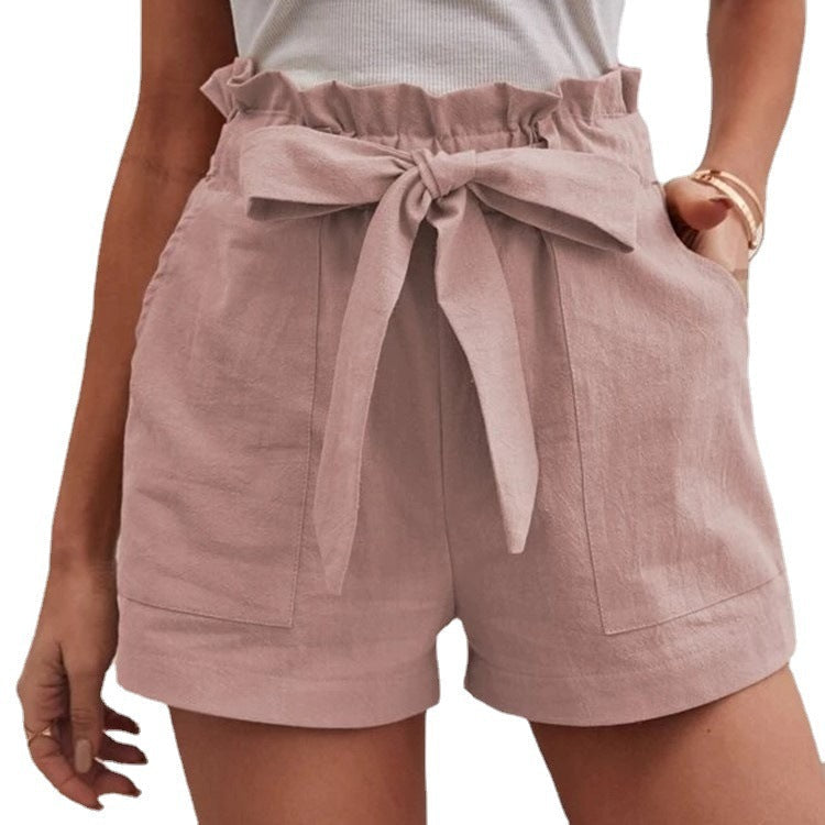 Damen kurze Lockere Leinenhose mit Bindegürtel R&B