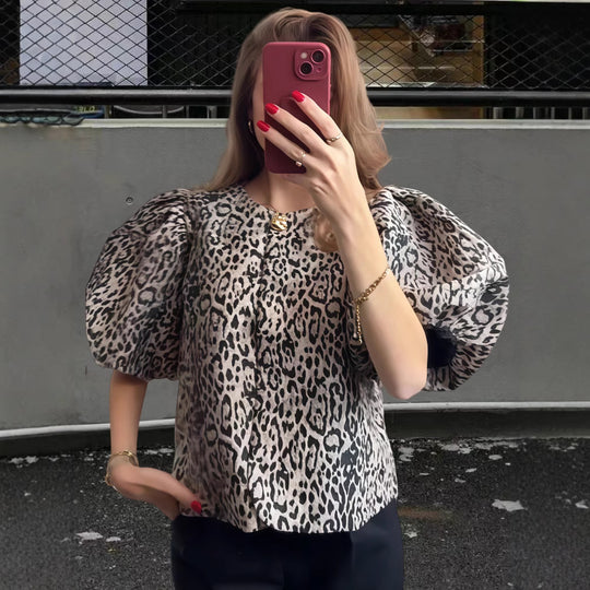 Damen Stylisches Leo-Muster Oberteil mit puffärmeligen Design R&B