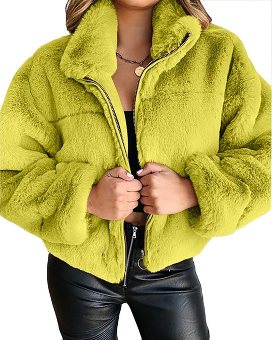 Damen Flauschige Trendjacke mit hohem Kragen R&B