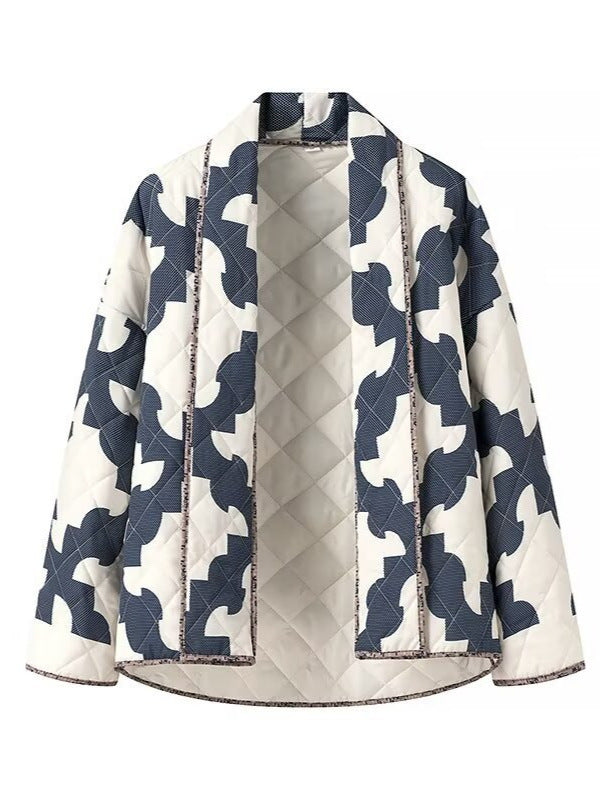 Damen gesteppte Jacke mit modernem Geometrie-Muster und offenem Schnitt R&B