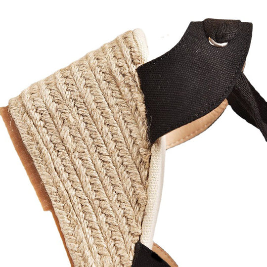 Damen nan Textil-Espadrille mit Bastkeil, Schleifenband-Knöchelriemen und gehäkelter Zehenkappe R&B