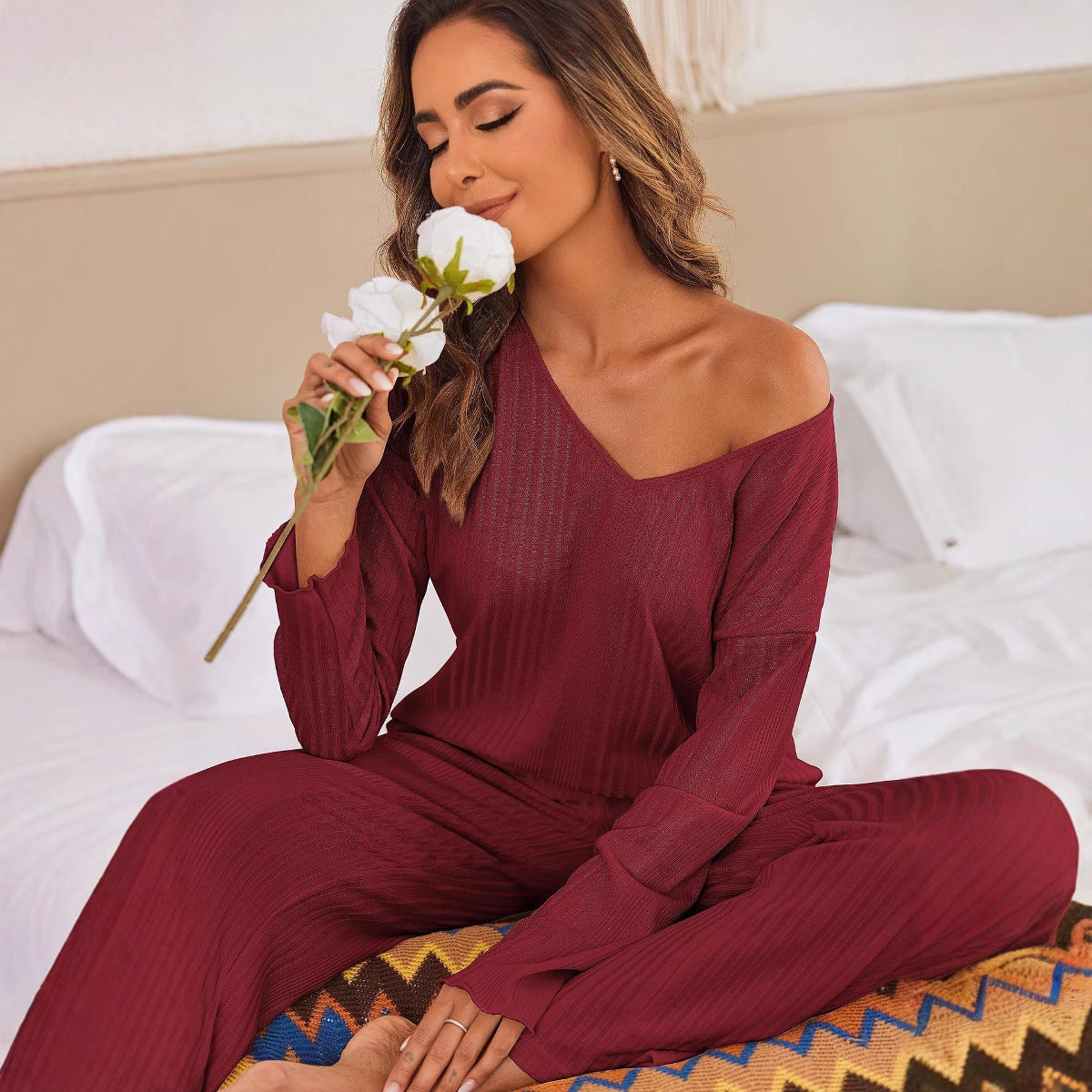 Damen Komfortable Pyjamajacke mit elegantem V-Ausschnitt und weitem Schnitt R&B